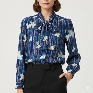 VTG NWOT 100% Silk Jacquard Elegant Classic Floral Blue Elegant Women's Top S-M